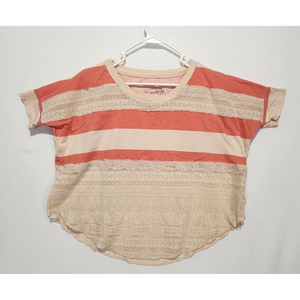 We The Free Women's Casual Striped Lace Detail Short Sleeve Shirt Peach Size XS